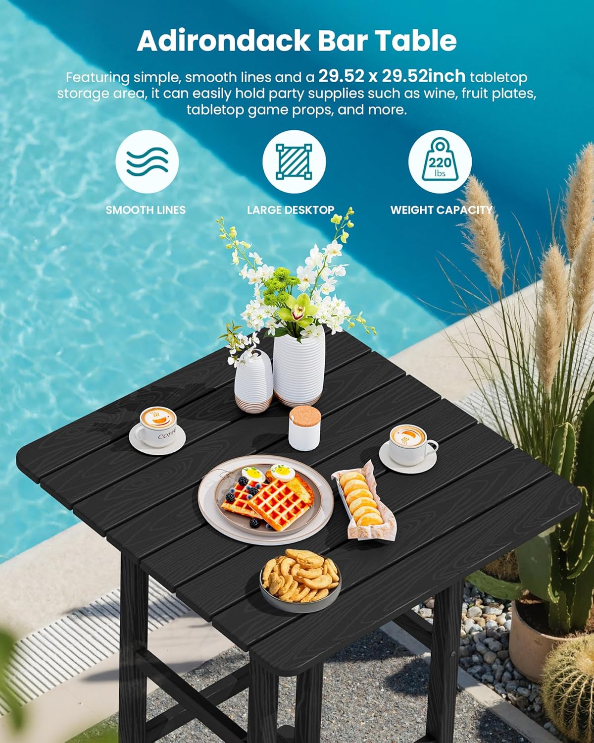 SERWALL 5-Piece Adirondack Bar Chairs Set, HDPE Adirondack Barstools with Pub Table, Outdoor Patio Bar Furniture for Bistro, Balcony, Poolside, Garden - Black