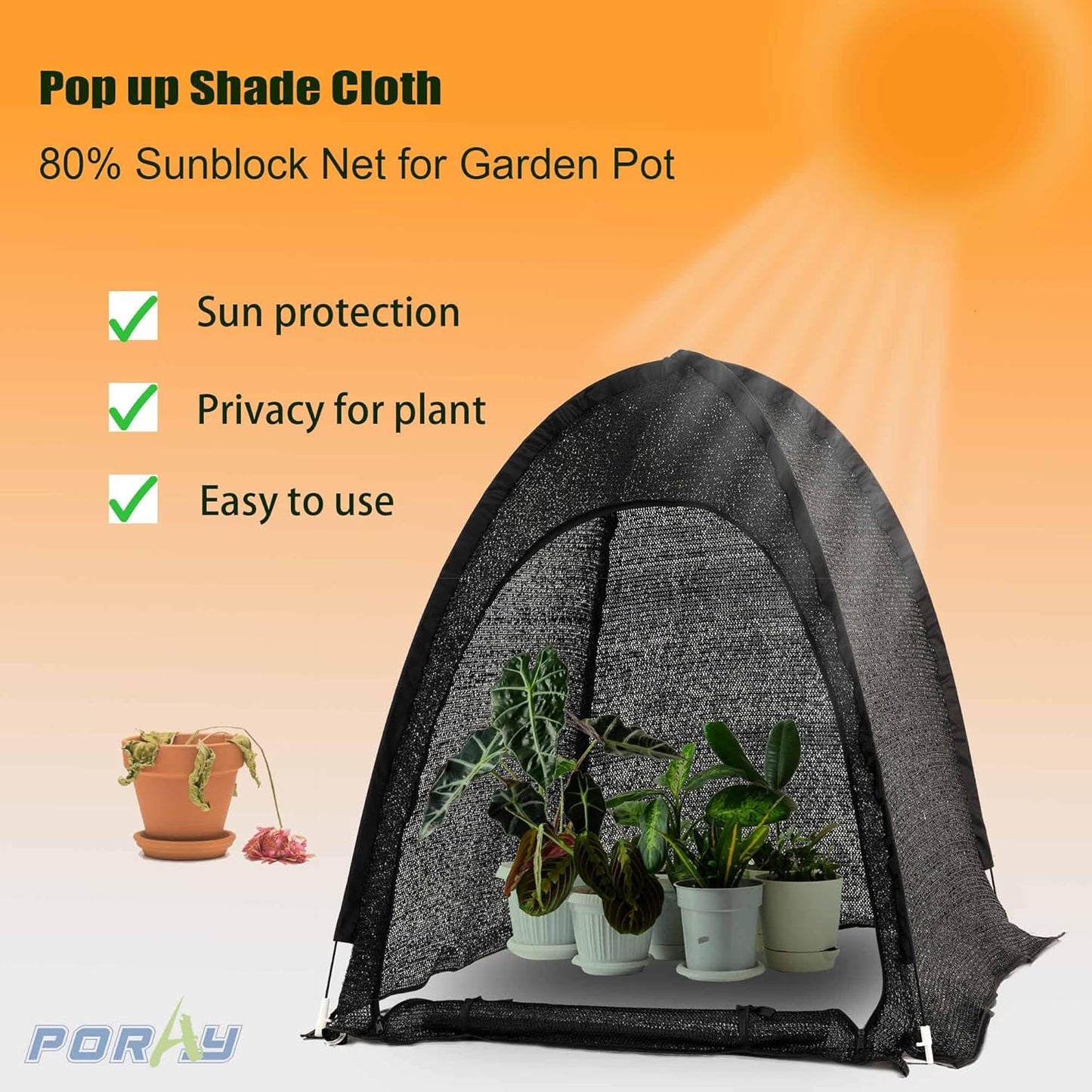 Porayhut Pop up Sunshade Cloth Pack of 3,Easy Open Crop Shade Net 36''*36''*39''UV Resisitant Plant 80% Sunblock Net for Mini Flower Pot with Stakes
