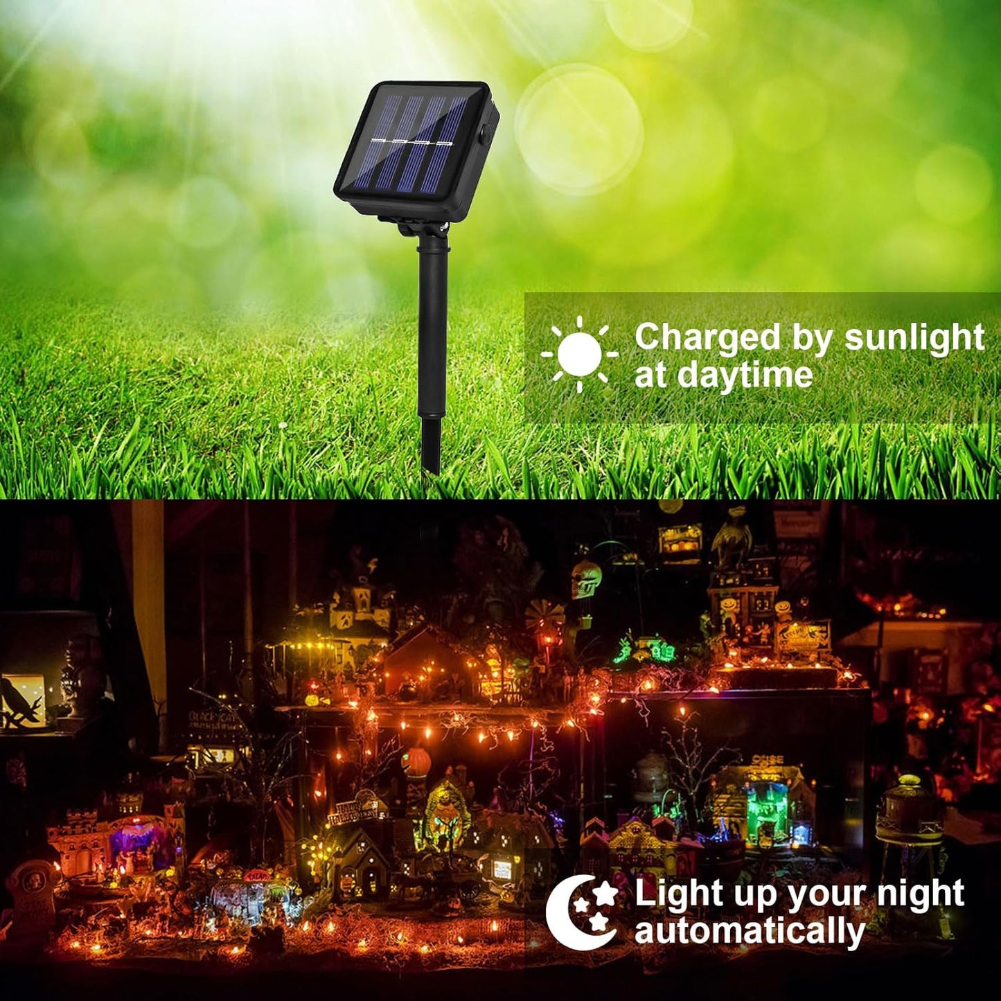 Solar Powered String Lights Outdoor, 2 Pack Total 200 LED 66FT Solar Powered Halloween Decorative Fairy Lights 8 Modes Black Wire for Halloween, Garden, Patio, Party, Yard, Christmas(Orange)