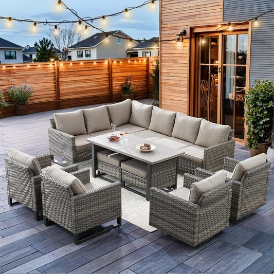 HUMMUH 9 Piece Patio Furniture PE Wicker 6-Seater Outdoor Sectional Sofa with Dinning Table Patio Swivel Chairs and Outdoor Chairs for Porch,Garden,Backyard,Deck