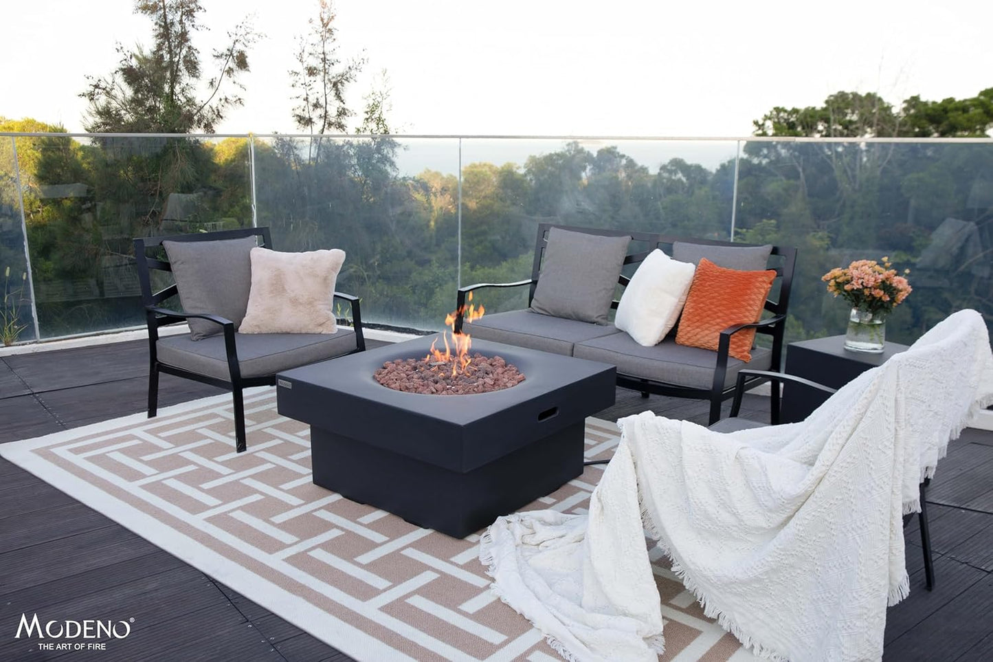 AMS Fireplace | Modeno Branford Package | Black Liquid Propane Gas Fire Pit Table for Outside Patio Bundle with Tank Cover, Wind Guard | Free Ice Bucket & Rubber Mat