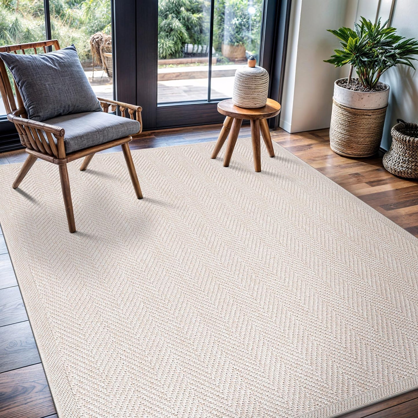 CAMILSON Easy Jute Rug 4x6, Indoor Outdoor Off-White Color Fiber Area Rugs for Living Room Patio and Kitchen Rug Herringbone Seagrass Woven Design Easy-Cleaning Washable Outside Carpet Alfombras 4 x 6