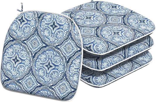 Indoor/Outdoor Chair Cushions 16x17 Inch, Patio Chair Cushions with Ties, All Weather Seat Cushions for Patio Furniture Home Garden Chair Use, Set of 4,Medallion Blue