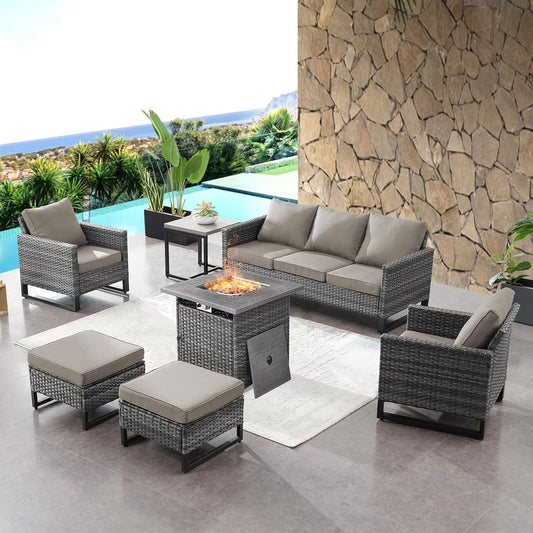 HUMMUH 7 Piece Patio Furniture with Fire Pit 30in 55,000 BTU,PE Wicker Outdoor Conversation Sets - Couch,Patio Chairs and Ottomans,Side Table for Porch,Garden,Backyard