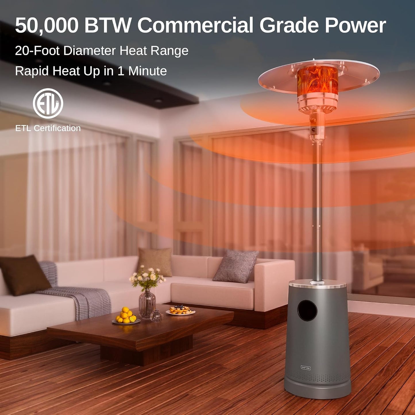 EAST OAK 50,000 BTU Patio Heater with Sand Box, Table Design, Double-Layer Stainless Steel Burner, Wheels, Triple Protection System, Outdoor Heater for Home and Residential, Lava Smoke