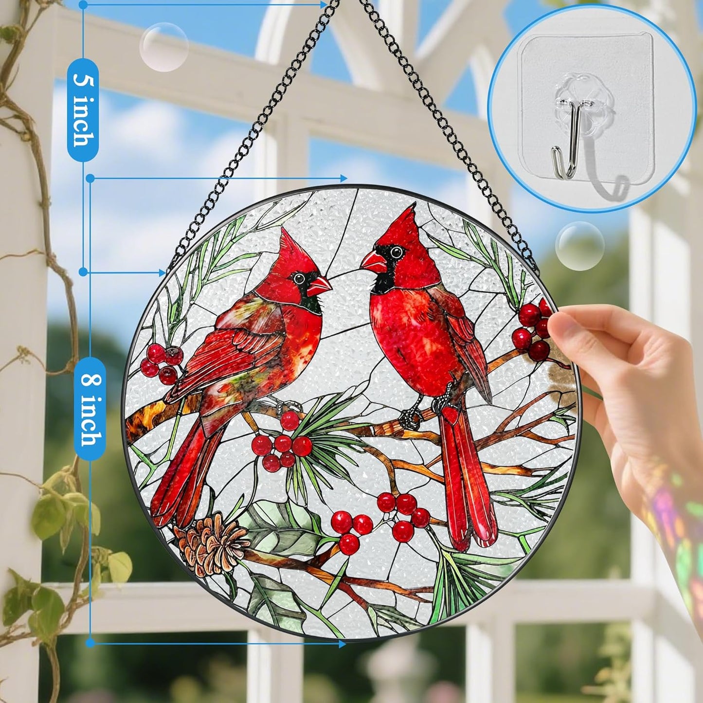 Cardinal Stained Glass Window Hanging, 8 Inch Sun Catchers Indoor Window, Suncatchers for Windows Hanging, Home Decor and Christmas, Festival, Mother's Day, Birthday, Cardinal Gifts for Women, Men