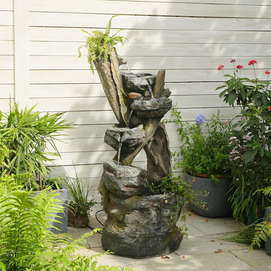 Outdoor Cascading Water Fountain Garden, 43.7'' Resin Tree Trunk & Rock Design Garden Waterfall Feature with LED Lights for Patio, Porch, Backyard and Home Decor, Gift