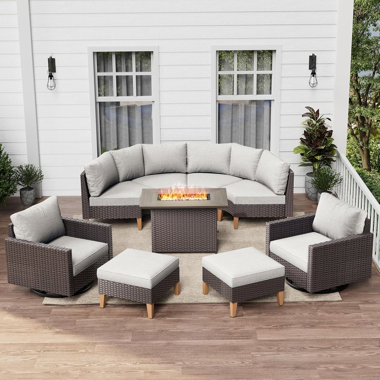 HUMMUH Patio Furniture Set with Fire Pit Table,Outdoor Sectional Couches Swivel Patio Chairs and Ottomans,All Weather PE Wicker 11 Pieces Patio Conversation Sets for Garden Porch Backyard in Beige