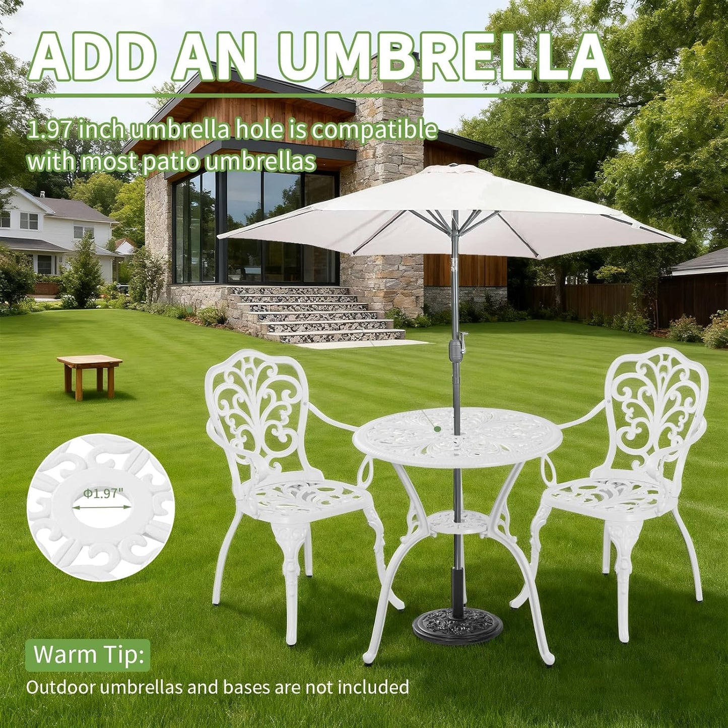 Outdoor 3 Piece Patio Set,Cast Aluminum Bistro Table and Chairs Set of 2 with Umbrella Hole, AIl-Weather Resistance Patio Bistro Set for Yard, Garden, Balcony, Black(White)