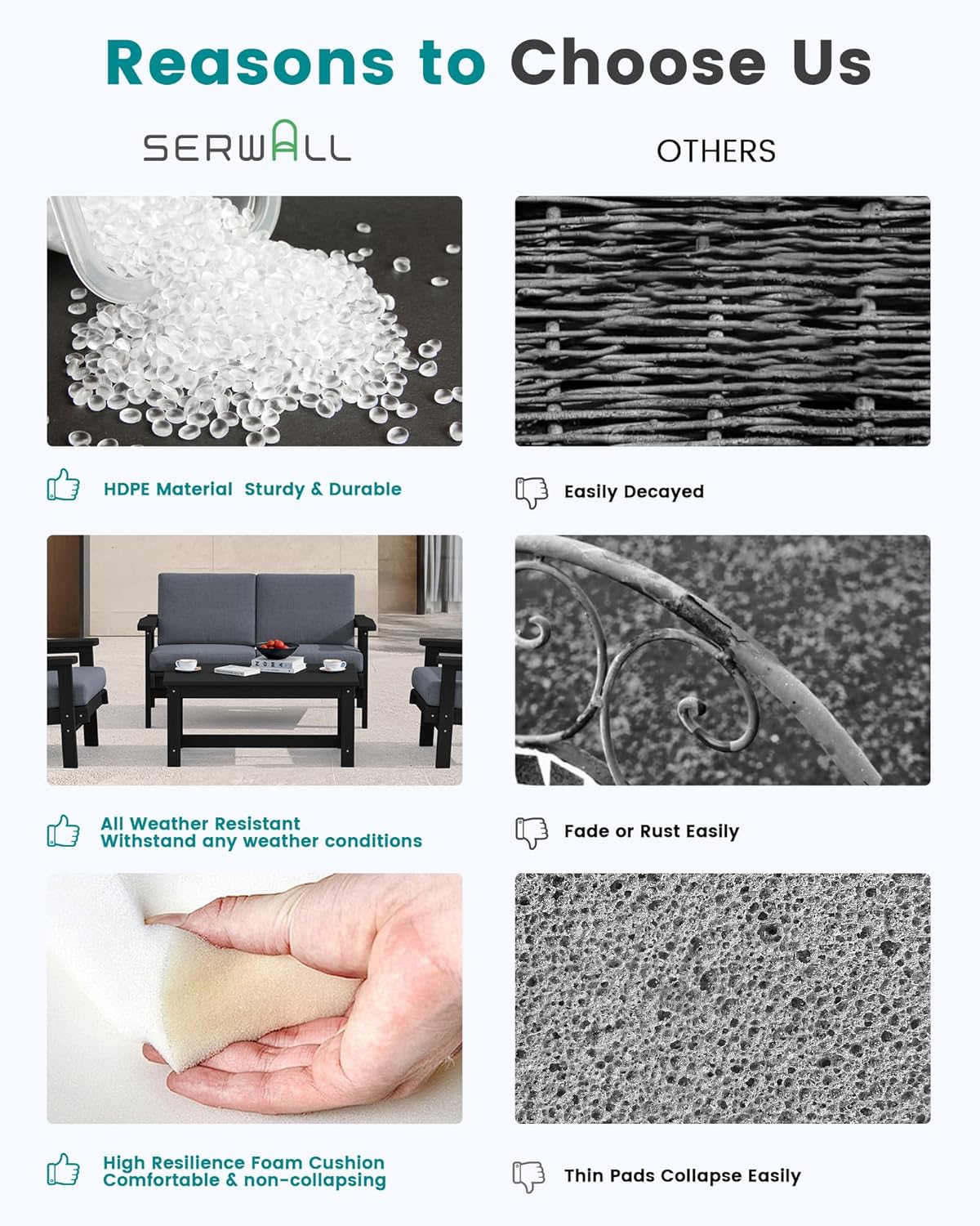 SERWALL HDPE Outdoor Patio Loveseat, Black Frame and Grey Cushion