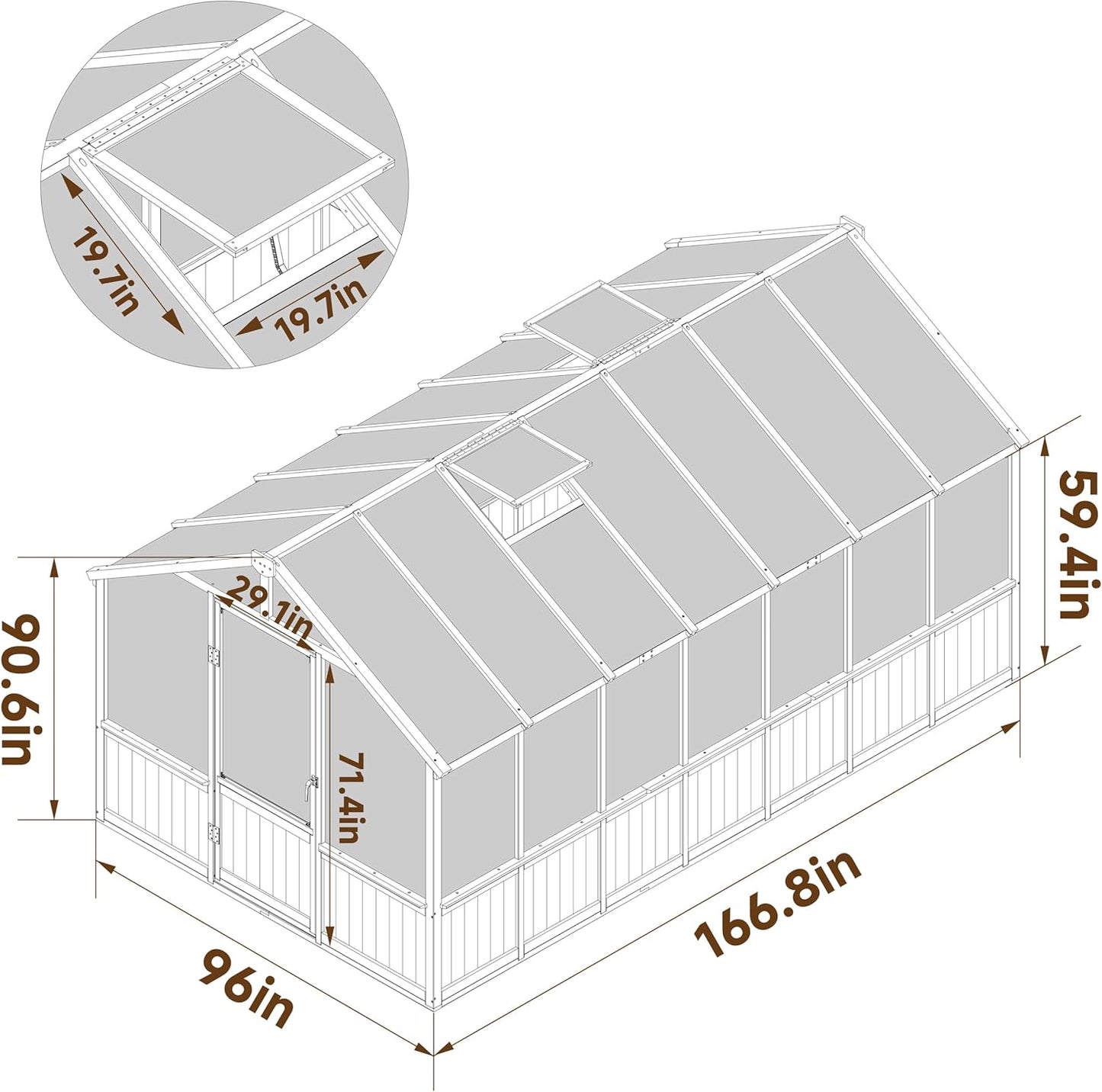 8x14 FT Outdoor Greenhouse Kit, 6MM Thick Polycarbonate Panel Wooden Walk-in Green House with Adjustable Roof Vents & Roof Vents, Backyard Garden, Light Mocha Brown