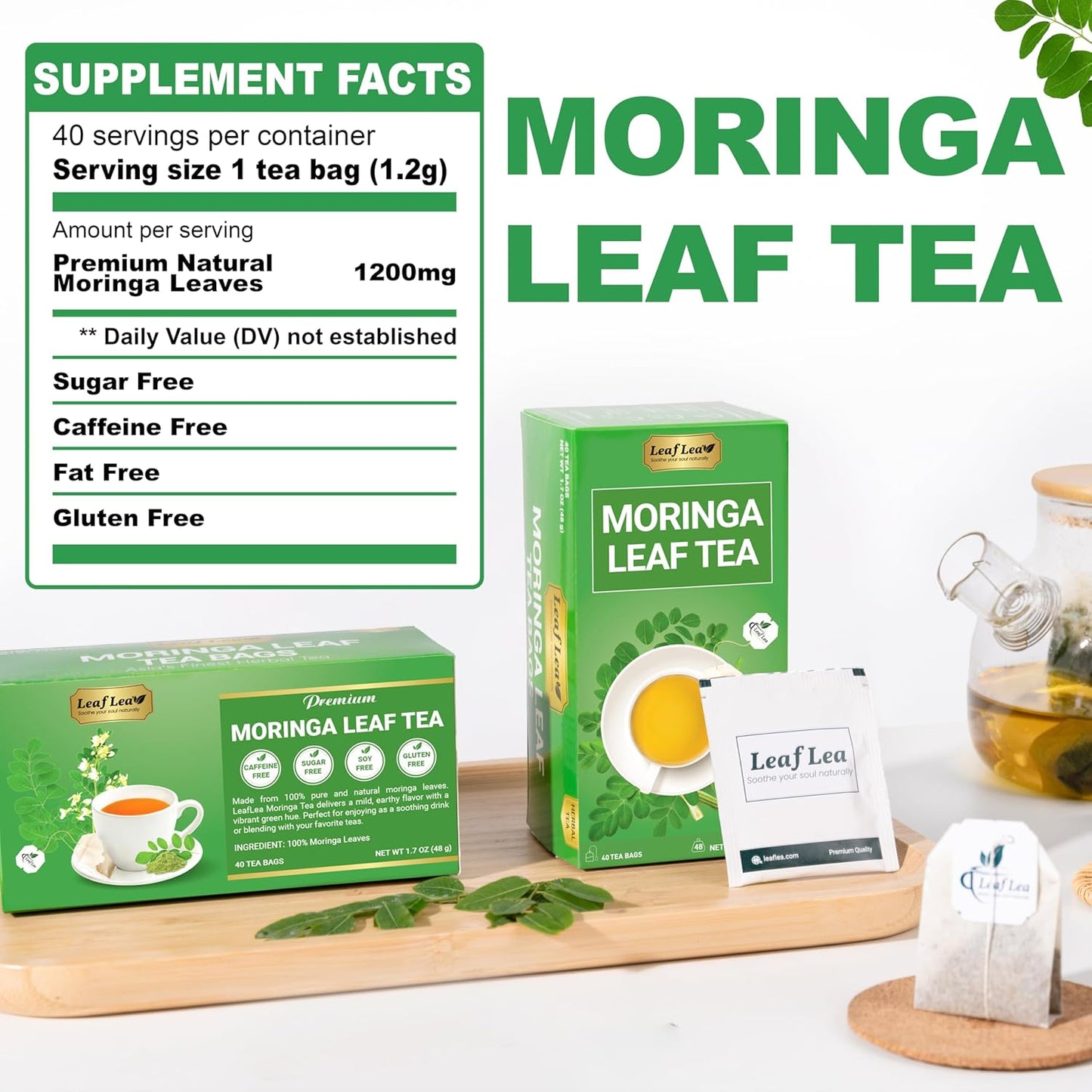 LeafLea Moringa Tea, 120 Fresh-Sealed Tea Bags, Premium Herbal Blend from 100% Natural Moringa Leaves, Supports Digestion & Immune Health, Caffeine-Free, Sugar-Free, Vegan, Non-GMO