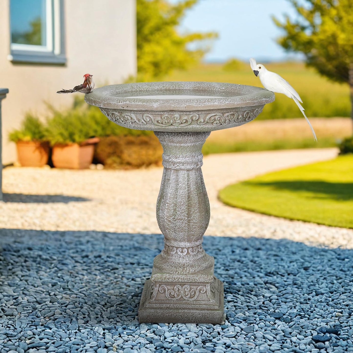 SunJet 23.8 Inch High Concrete Bird Bath with Carved Pedestal – Birdbath Sturdy & Elegant Design, Stone-Like Texture, Attracts Birds and Enhances Garden, Patio, Yard, Lawn Decor