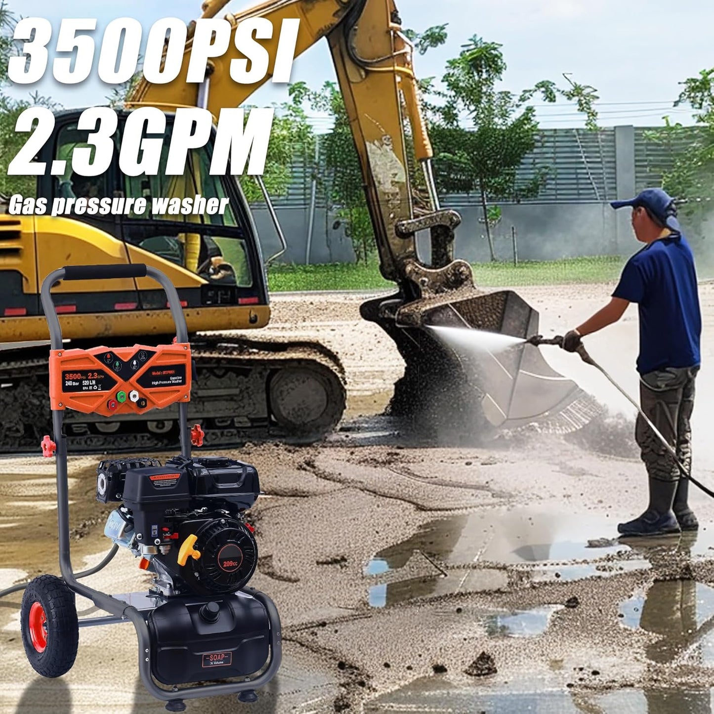 3500 PSI Gas Pressure Washer, 2.3 GPM Power Washer with 209CC Engine, Maintenance-Free Axial Cam Pump, 25FT Hose, 4 Nozzles for Driveways, Walls, Vehicles, Patio (Orange)
