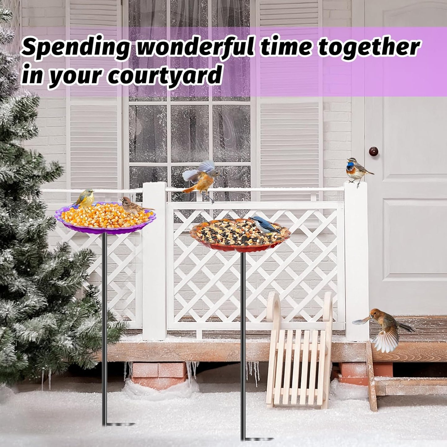 2PCS Hummingbird Bird Bath for Outside, Freestanding Metal Flower BirdBaths Bowl with Stake, Detachable Birdfeeder for Outdoor Yard Lawn Garden Decor (2PCS-Purple-Orange)