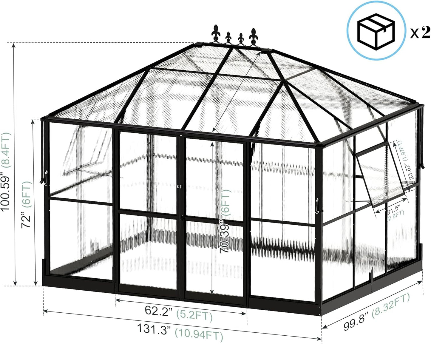 Jocisland 11x8.3x8.6 FT Polycarbonate Greenhouse- 6 FT Wall Height Outdoor Aluminum Greenhouses with 2 Ventilation and Rain Gutter, Double Doors with Hook, Walk-in Greenhouse for Backyard Garden