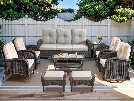 HUMMUH 9-Piece Outdoor Patio Furniture PE Wicker Patio Conversation Set,High Back Patio Couch with Ottomans Coffee Tables Outdoor Chairs for Backyard,Porch,Deck