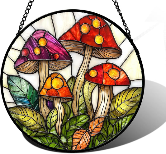 Stained Glass Window Hanging, Mushroom Leaves Suncatcher for Doors Home Sun Catchers Decoration and Christmas, Mother's Day Birthday Gifts for Women, Men, and Mom 9.8 in