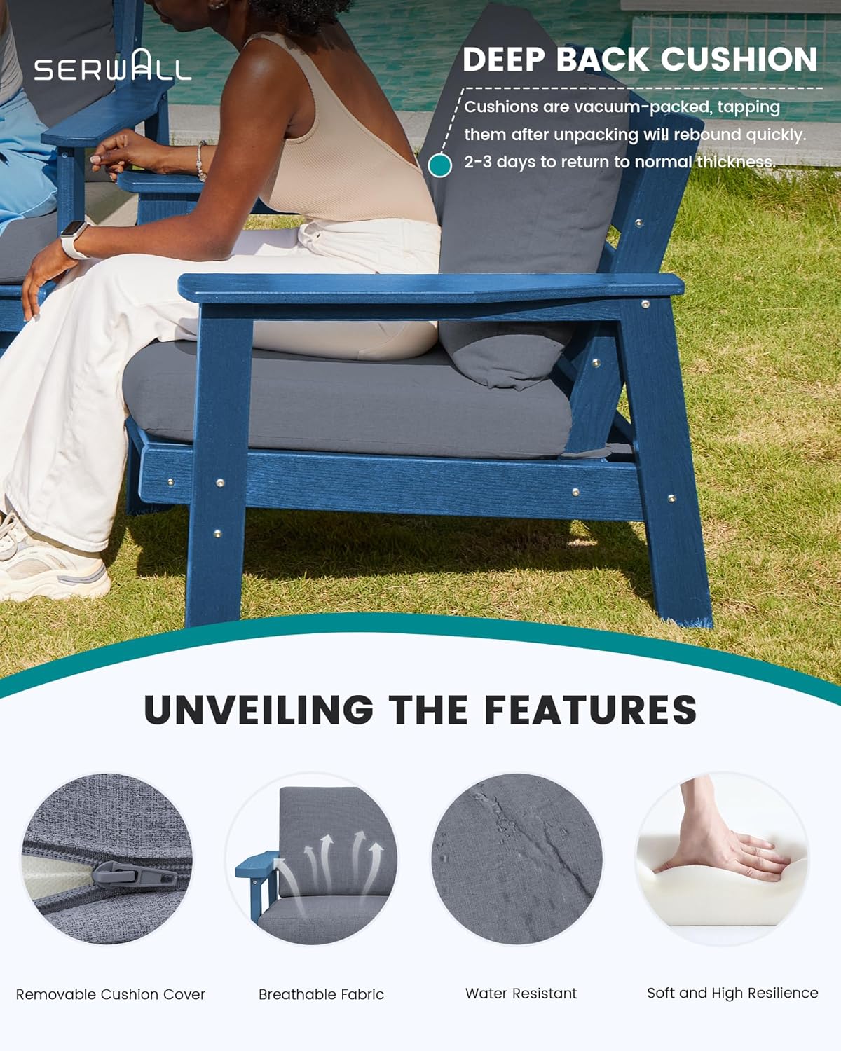 SERWALL Outdoor Loveseat, Blue Frame and Grey Cushion