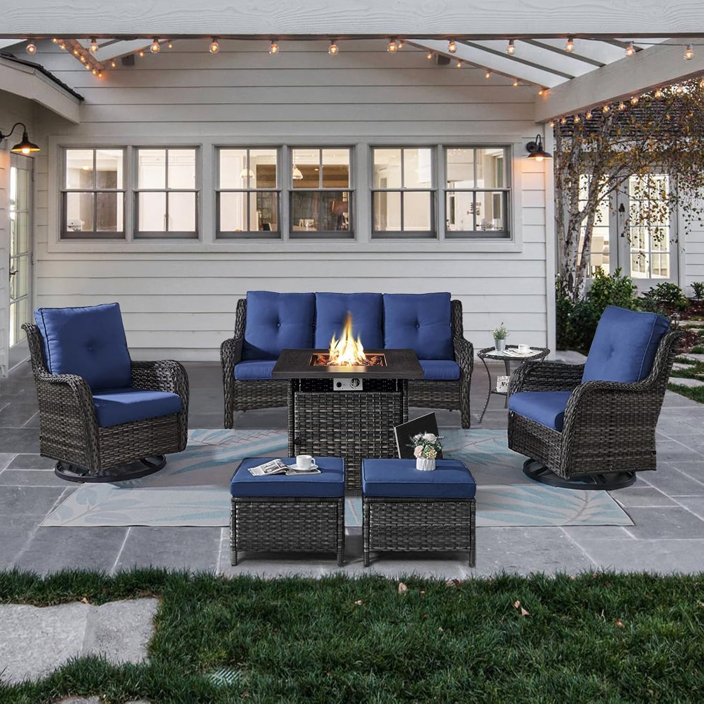 Outdoor Patio Furniture Set with 50000BTU Propane Fire Pit Table, 7 Pieces Wicker Patio Conversation Set with 2 Swivel Glider Rocker Chairs Rattan Sofa Blue Cushion Perfect for Casual Gathering