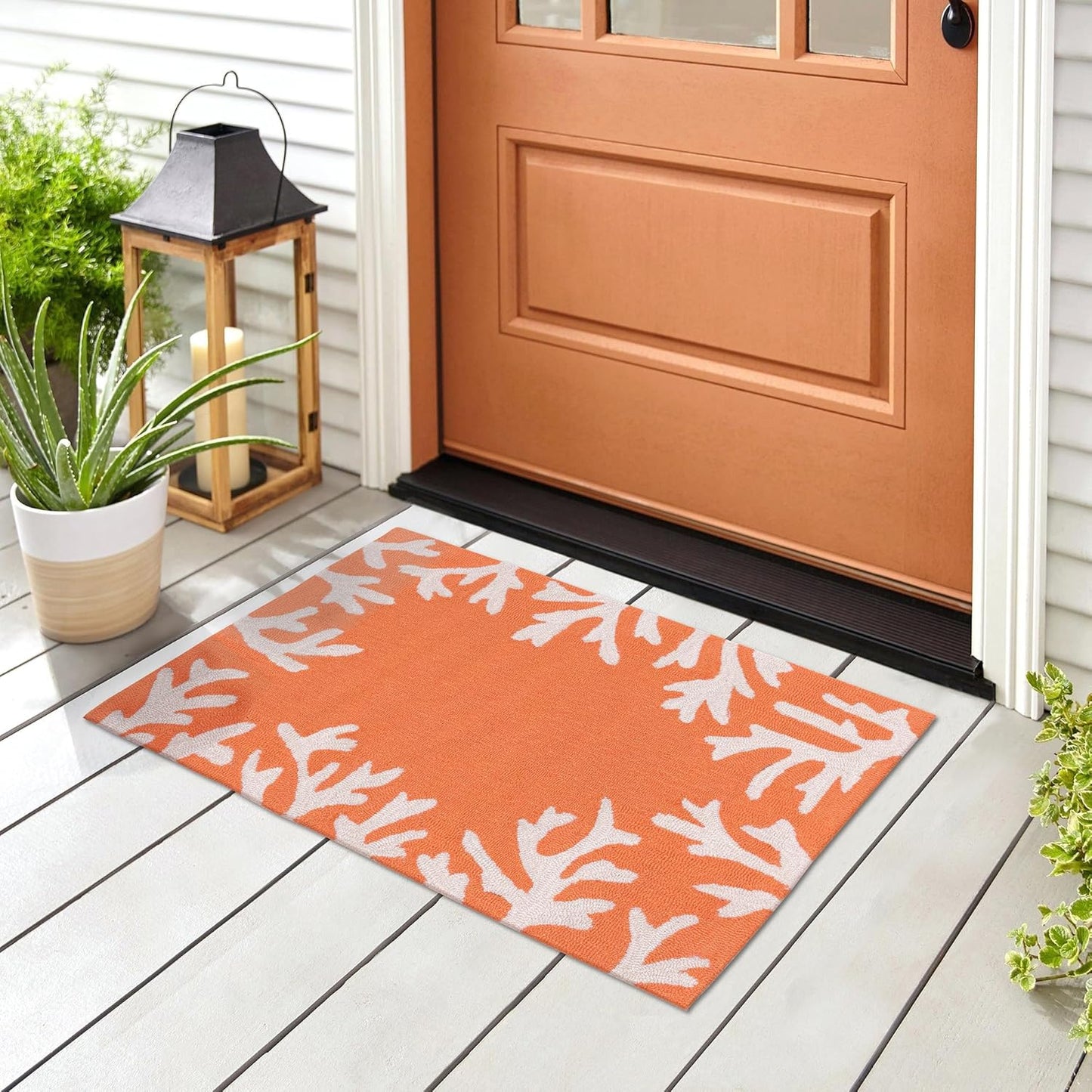 Liora Manne CAPRI Indoor/Outdoor Handmade Synthetic Blend Durable Area Rug - Traditional Border Coastal Beach Accent (Coral Border Coral) (2'6" x 4')
