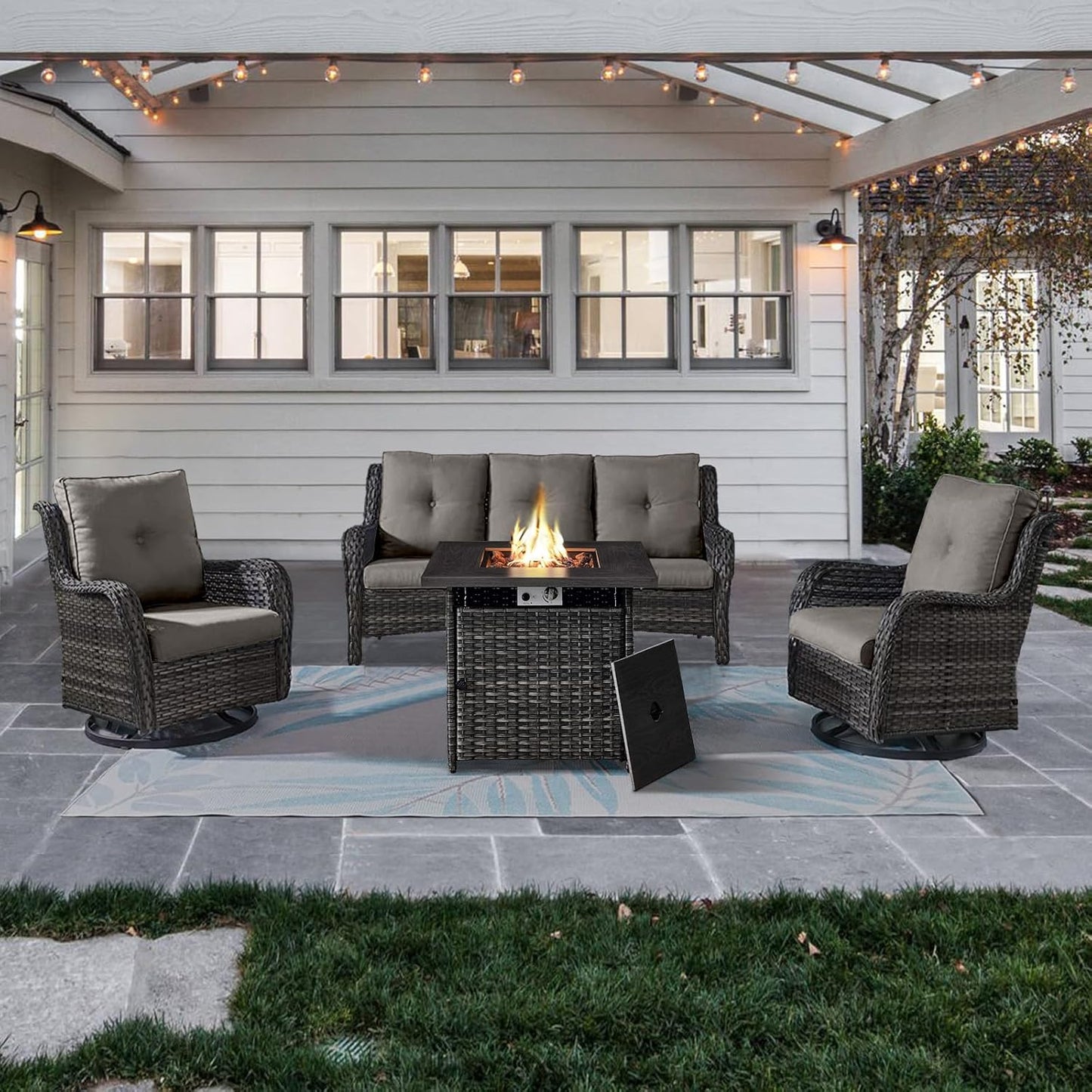 Outdoor Patio Furniture Set with 50000BTU Propane Fire Pit Table, 4 Pieces Wicker Patio Conversation Set with 2 Swivel Rocker Glider Chairs Rattan Sofa Blue Cushion Perfect for Casual Gathering