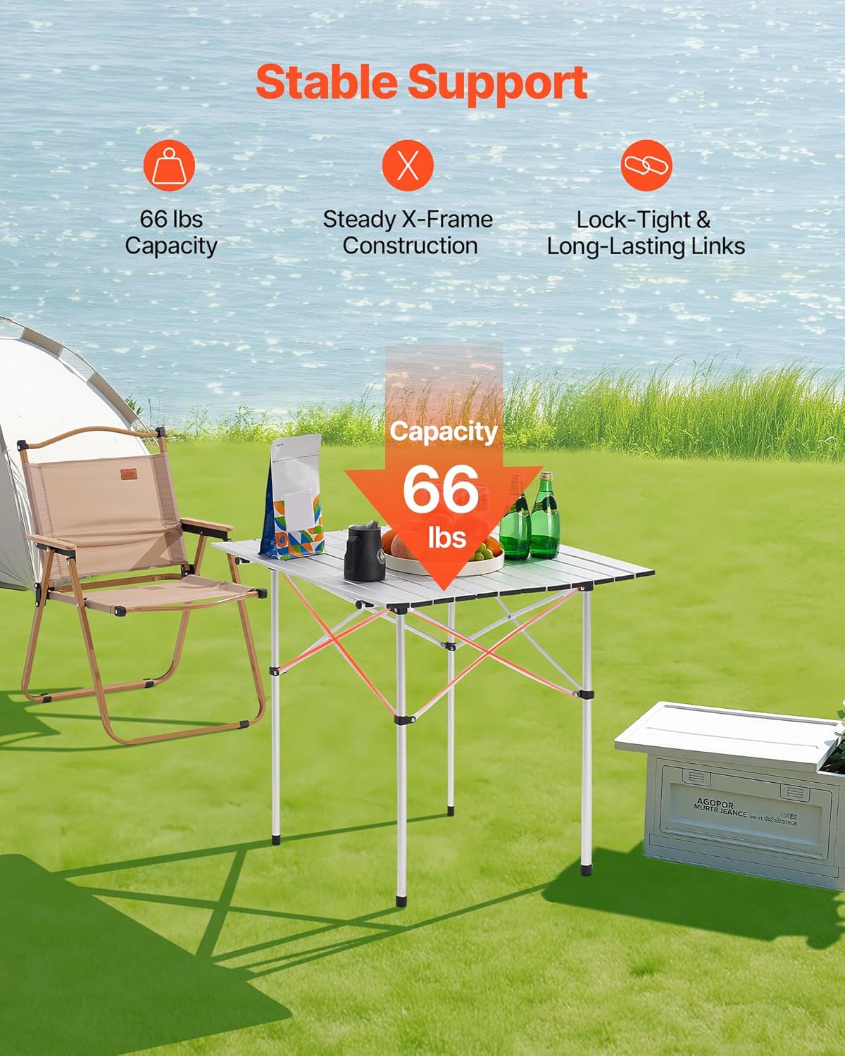 VEVOR Folding Camping Table, Portable Roll Up Side Tables, Lightweight Aluminum Beach Table with Adjustable Height, for Outdoor BBQ Tailgating Picnic, Travel (28 inch-Silver)
