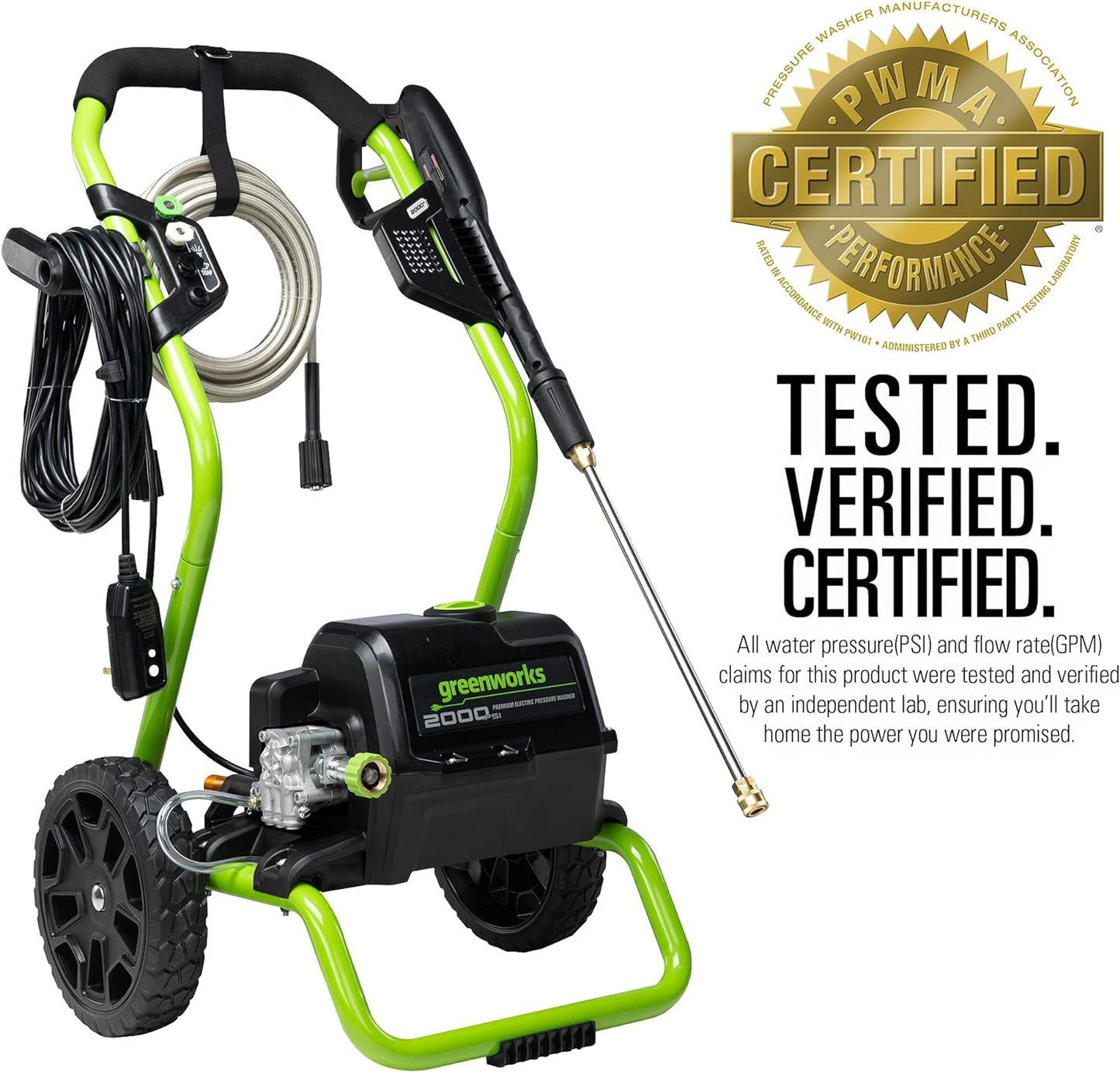 Greenworks 2000 PSI (13 Amp) Electric Pressure Washer (Wheels For Transport / 20 FT Hose / 35 FT Power Cord) Great For Cars, Fences, Patios, Driveways