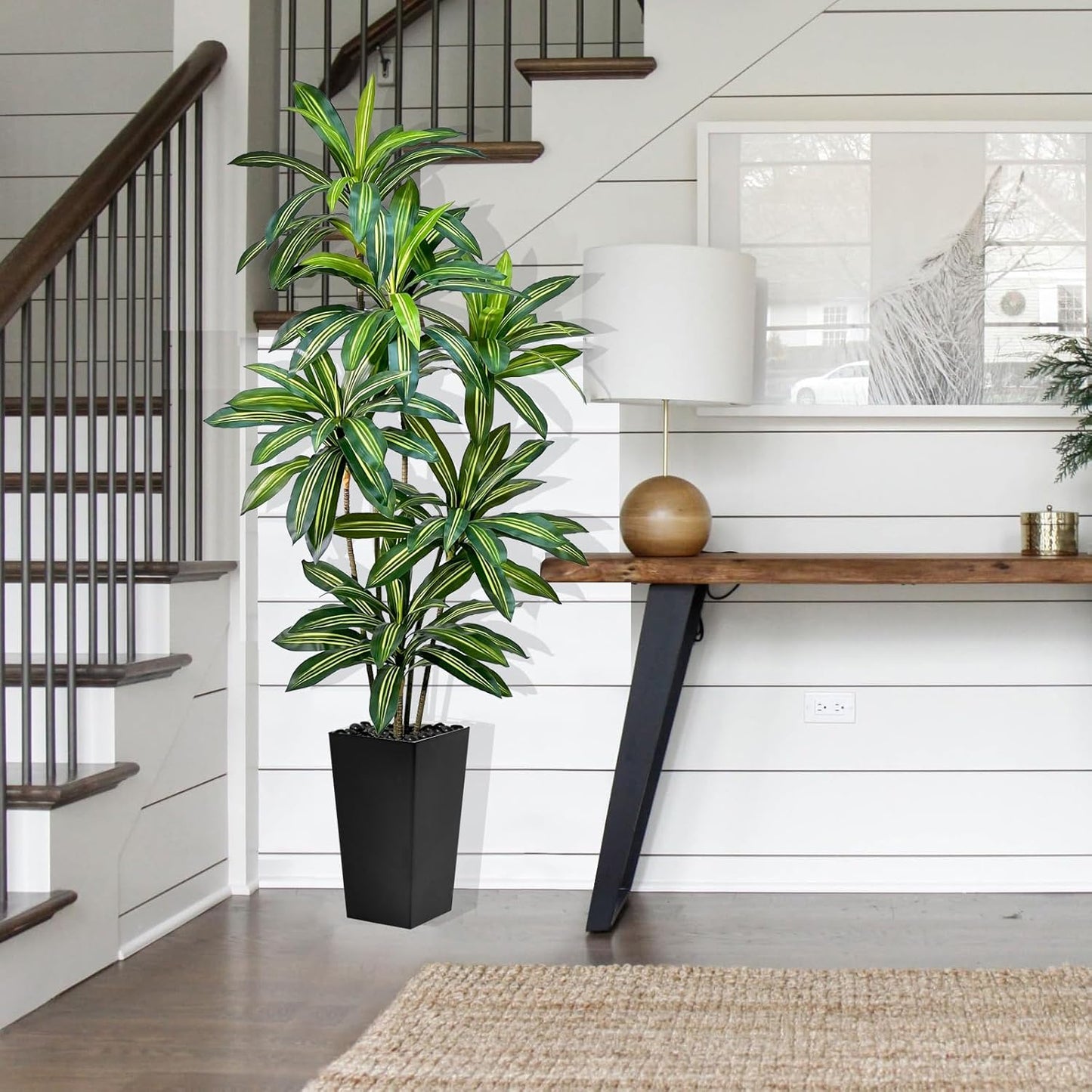 Artificial Dracaena Tree 6FT Tall Fake Plant with White Pot - Realistic Faux Dragon Tree with Tall Planter - Indoor Floor Plant for Home, Office,Mall, Living Room, Bedroom Decor (Black - Planter, 6ft)