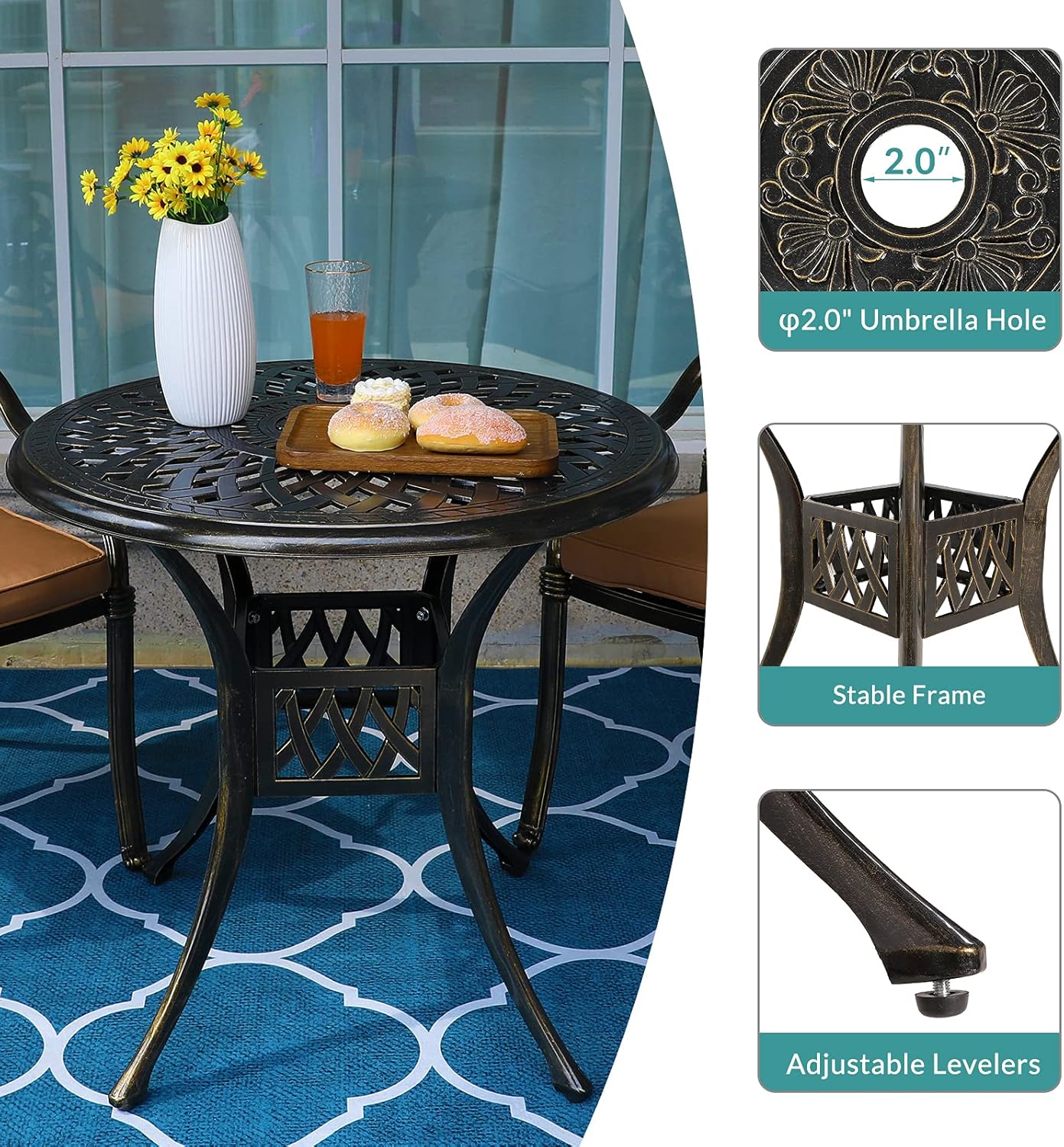 MEETWARM 3 Piece Patio Bistro Set, Outdoor All-Weather Cast Aluminum Dining Furniture Set Includes 2 Chairs with Cushions and a 31” Round Table with Umbrella Hole for Garden Deck