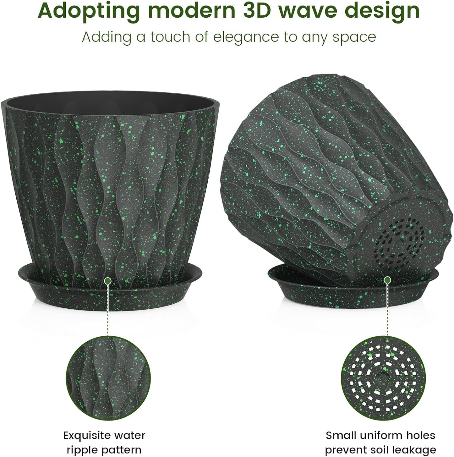7 inch Plant Pots for Indoor Outdoor Plants, 5 Pack Thick Flower Pots with Drainage Holes and Saucers, 3D Modern Wave Texture Plastic Planter Nursery Pots, Black with Green Speckles