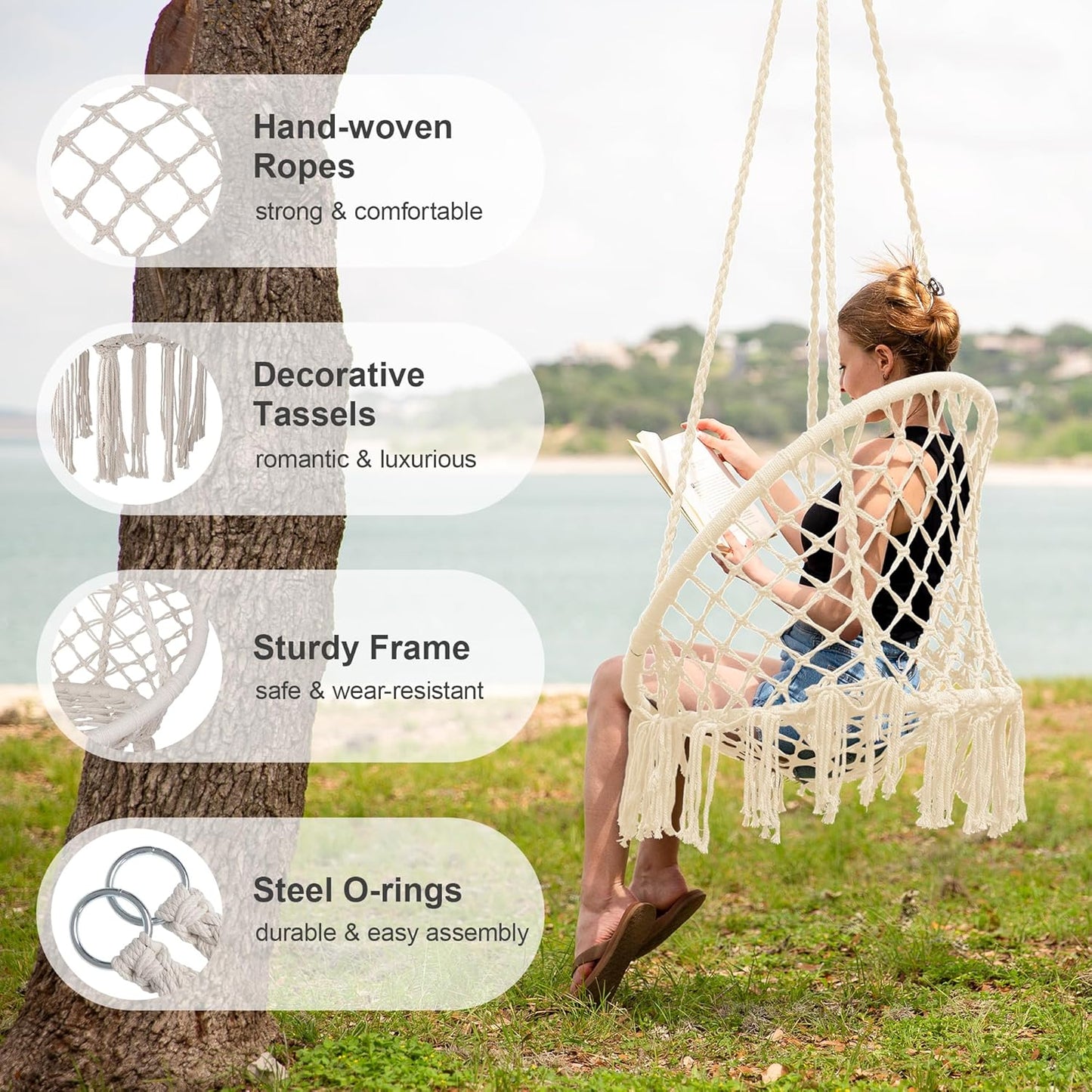 SUNCREAT Hammock Chair Macrame Swing with Side Pocket, Hanging Cotton Rope Hammock Swing Chair for Indoor and Outdoor Use, 330 lbs Capacity, Beige