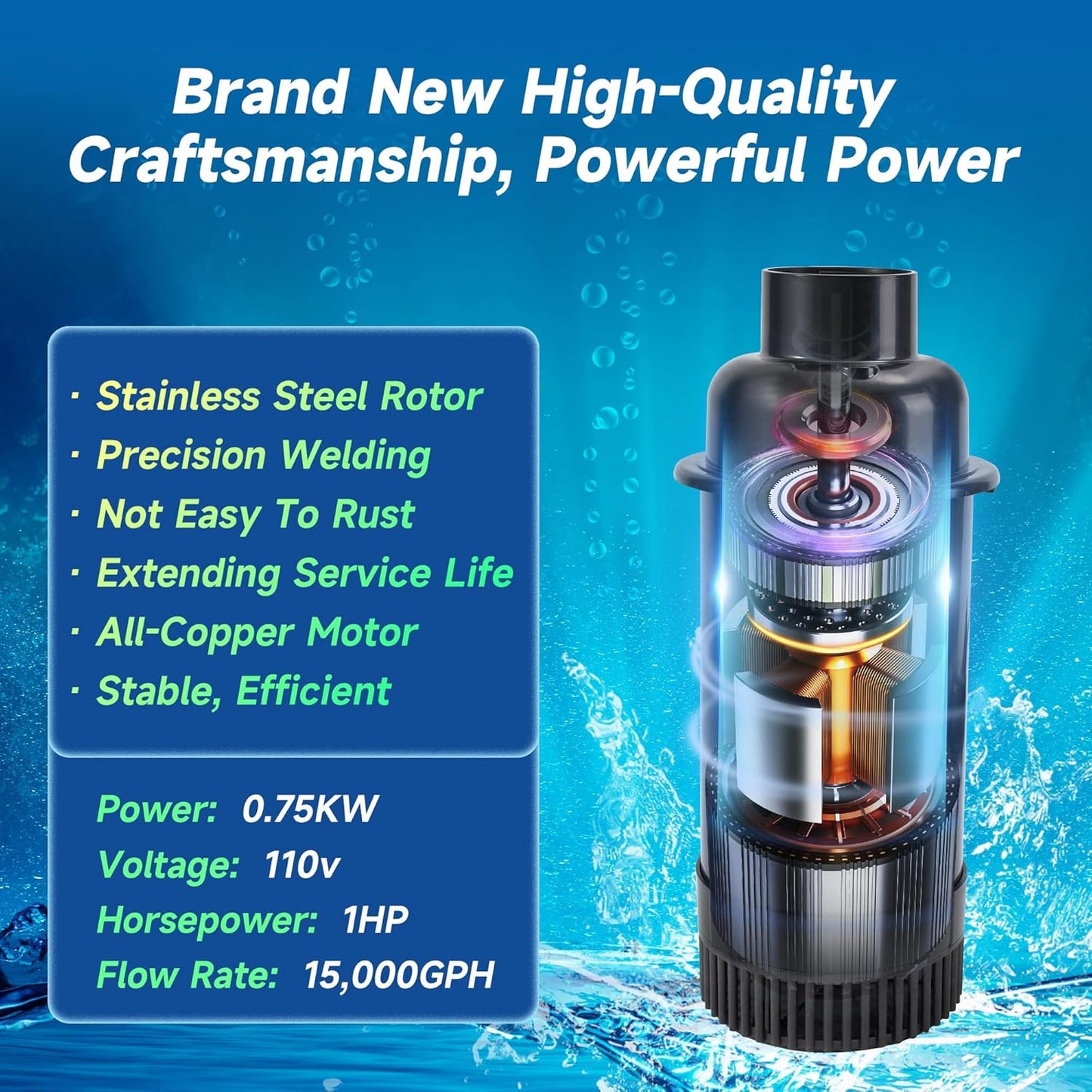 Pond Fountain Aerator, 1HP 110V 15000 GPH Fountain Pump, Fully Automatic Powerful Lake Floating Fountain, 100 FT Power Cord, 2x100 FT Traction Rope, Pond Fountains For Large Ponds