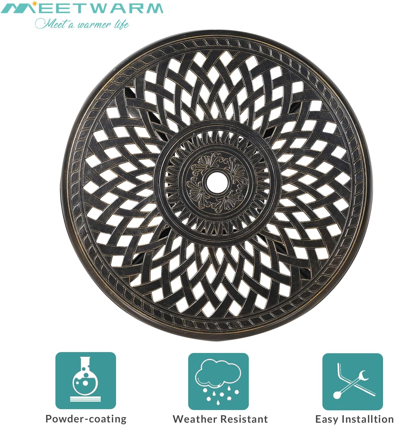 MEETWARM 3 Piece Patio Bistro Set, Outdoor All-Weather Cast Aluminum Dining Furniture Set Includes 2 Chairs with Cushions and a 31” Round Table with Umbrella Hole for Garden Deck, Ocean Blue