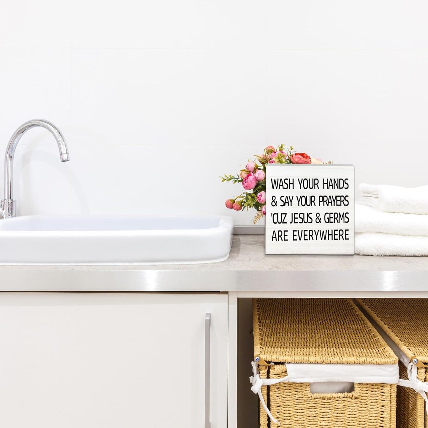 Wash Your Hands And Say Your Prayers Wooden Sign-Funny White Block Plaque Desk Decoration-5x5 inches Rustic Wood Block Gifts For Friends Family Christian-Home Bathroom Tabletop Favors & Supplies-A04