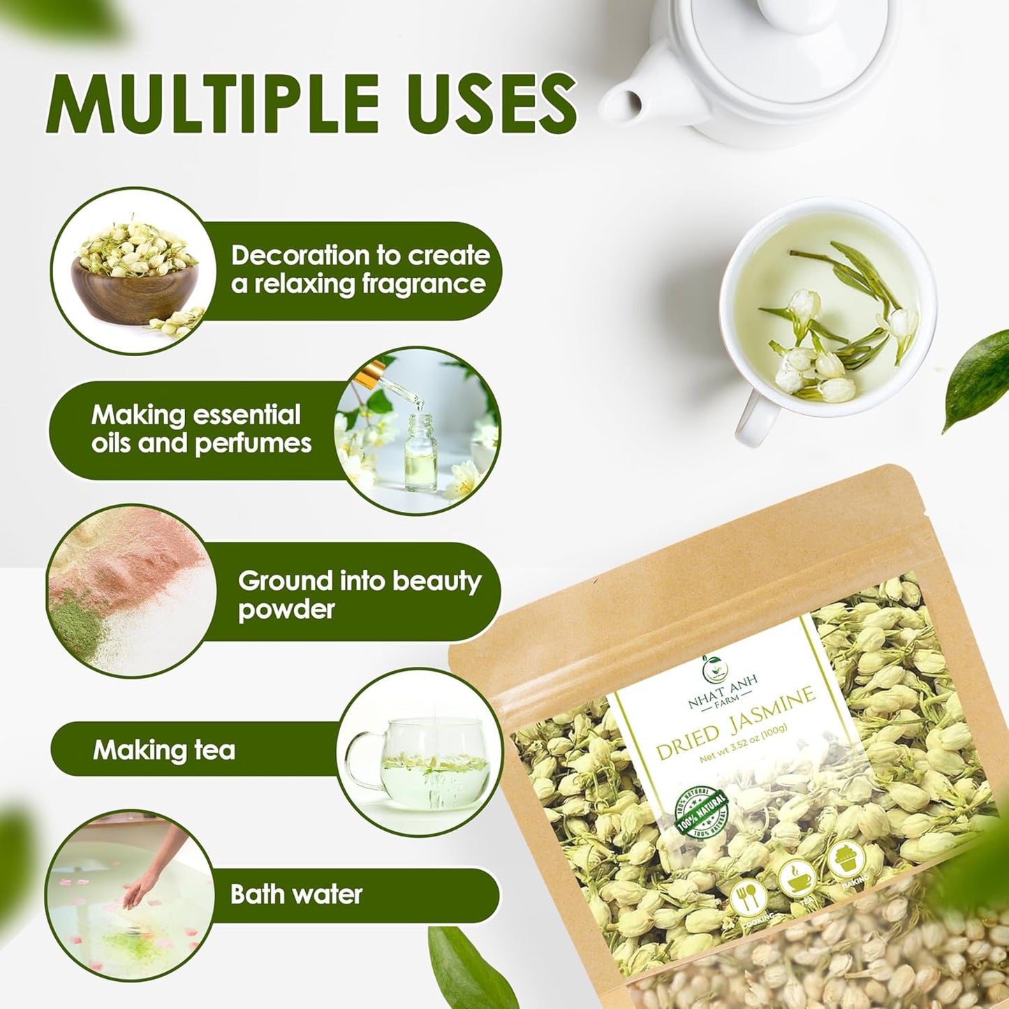 Nhat Anh Farm - Dried Jasmine Flowers - Pure Jasmine Buds 3.5oz(100g) Natural & Pure - Dried Jasmine Flowers Sugar/Caffeine/Gluten Free. Making Tea, Baking