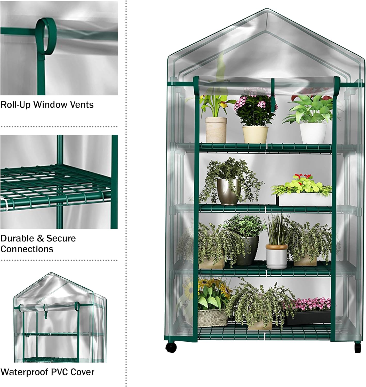 4 Tier Mini Greenhouse - Portable Greenhouse with Locking Wheels and PVC Cover for Indoor or Outdoor - 27 x 19 x 63-Inch Green House by Home-Complete