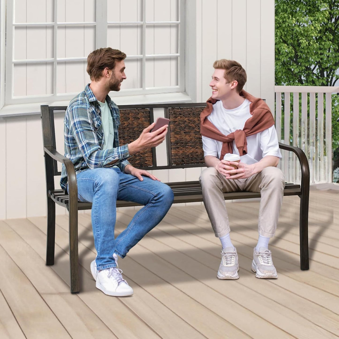 YLGJ&TIDY 50" Outdoor Bench, Metal Garden Bench, Patio Park Bench with Backrest & Armrests, Rust-Resistant, Perfect for Gardens, Parks, Porch, Lawn and Yard (Country Rustic)