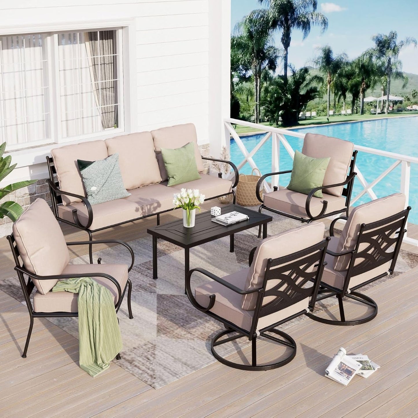Sophia & William 6 Piece Patio Furniture Set Outdoor Couch Sofa, Sectional Conversation Sets 7 Seat Clearance with 3-seat Sofa x 1, Swivel Chair x 2, Cushioned Chair x 2, Metal Coffee Table x 1, Beige