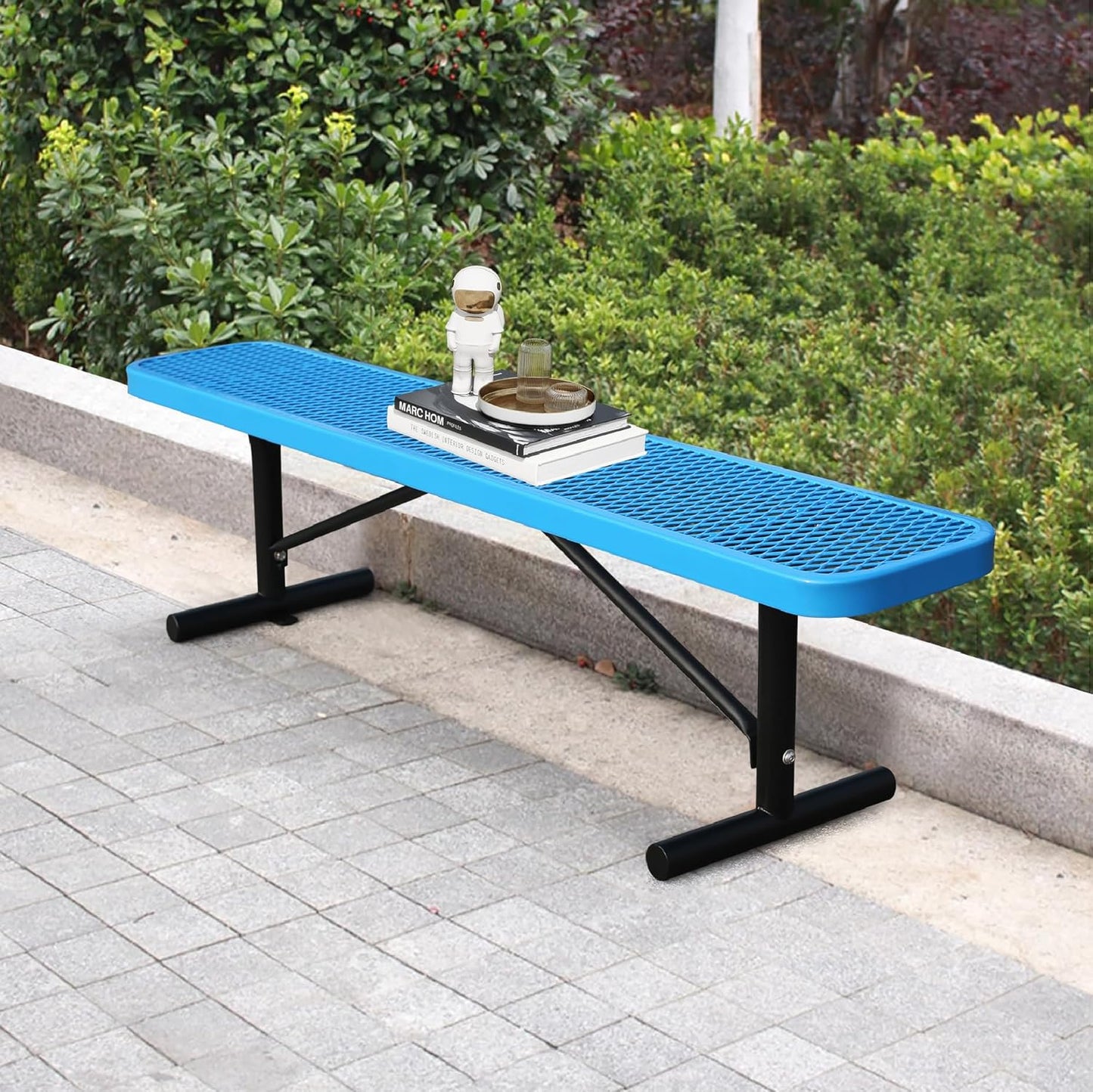 6 Feet Heavy Duty Metal Park Bench for Outside, Outdoor Bench with Portable Frame, Commercial Benches for Shopping Mall, Store, Park, Patio, Deck, Blue