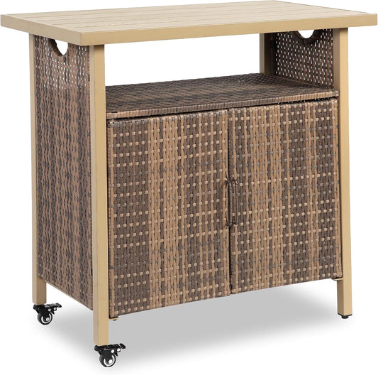 HOMEFUN Outdoor Bar Table with Storage Cabinet Patio Serving Carts on Wheels Wicker Grill Cart Prep Station Rolling Kitchen Island for Outside Backyard and Patio, Brown