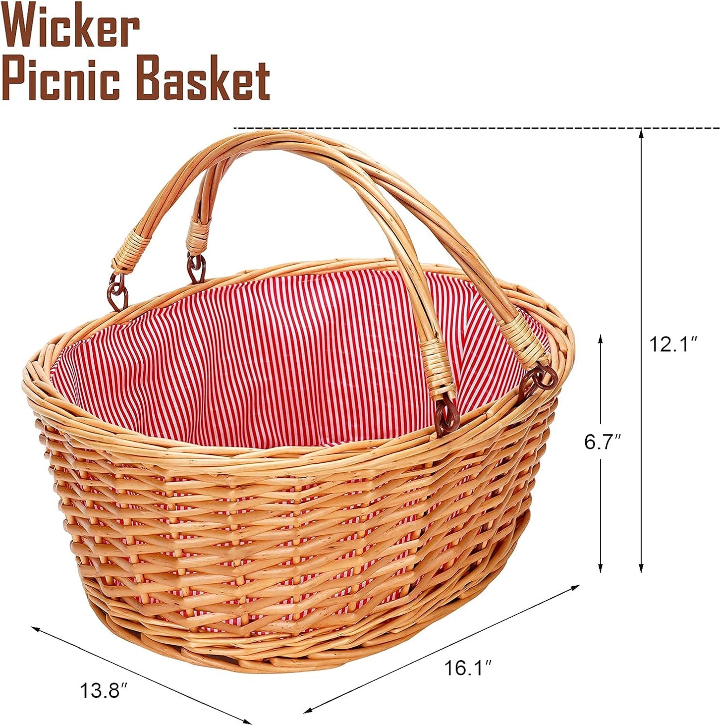 Wicker Picnic Basket with Double Folding Handles, Natural Large Willow Hamper Empty Basket Cheap Easter Eggs Candy Storage Wine Basket for Toy, Flower, Wedding（Red 16inch）