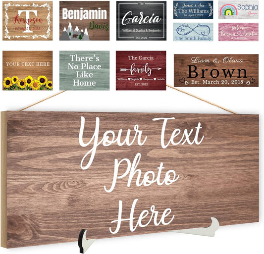 Custom Wood Sign Prsonalized Text Business Home Decor, Personalized Rustic Plaque Board Hanging Wooden Name Sign for Wall Art, Customized Signs Plank Decoration Gifts for Wedding Family Farmhouse Kitchen, Rectangle