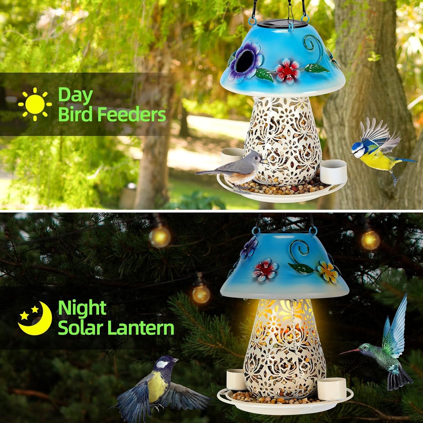 Mushroom Solar Bird Feeders for Outdoors Hanging Metal Wild Bird Feeder Garden Lantern with S Hook for Garden Decoration Blue