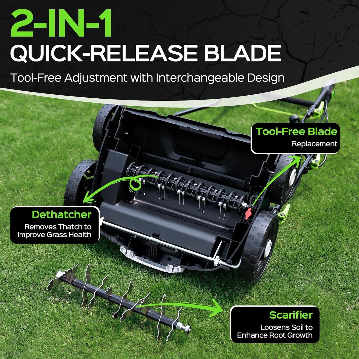 16-Inch 15.5 Amp 2-in-1 Electric Dethatcher and Scarifier with 14.5-Gallon Removable Thatch Collection Bag, Lawn Dethatcher with 5-Position Depth Adjustment, Quick-Fold, Keeps Lawn Healthy