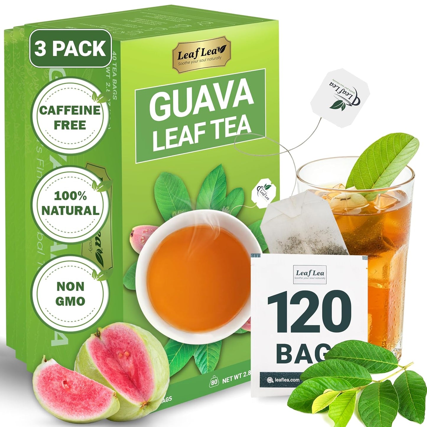 LeafLea 120 Guava Leaf Tea Bags, Premium Natural Herbal Tea, 100% Hojas De Guayaba, Caffeine-Free, Non-GMO, Supports Digestion & Immune Health, Packed with Natural Goodness