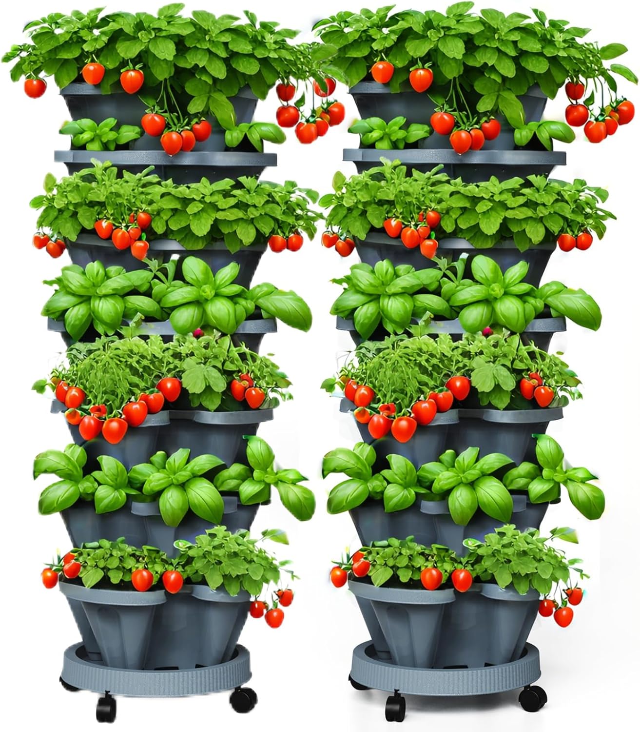 7 Tiered Strawberry Planters 2 Pack, Vertical Stackable Planter, Herb Stacking Tower Garden, Flower and Vegetable Planters with Support Pole Indoor and Outdoor with Removable Wheels Dark Grey