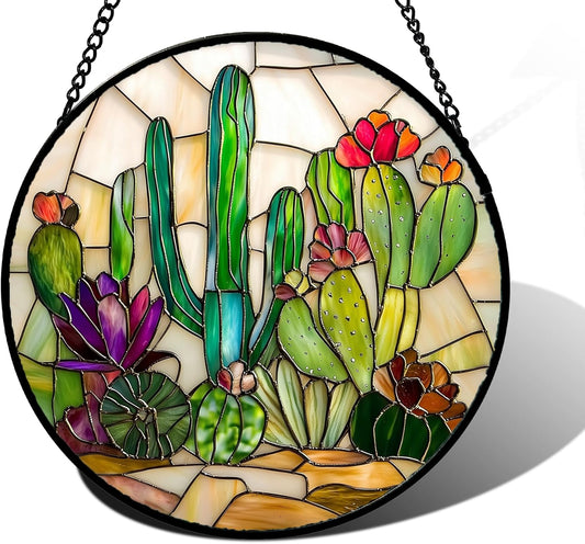 Stained Glass Window Hanging, White Green Cactus Suncatcher Diamond Glass Panel Hangings Sun Catchers Decor for Birthday for Women, Men, Wife, Aunt, and Mom 11.8x11.8 in