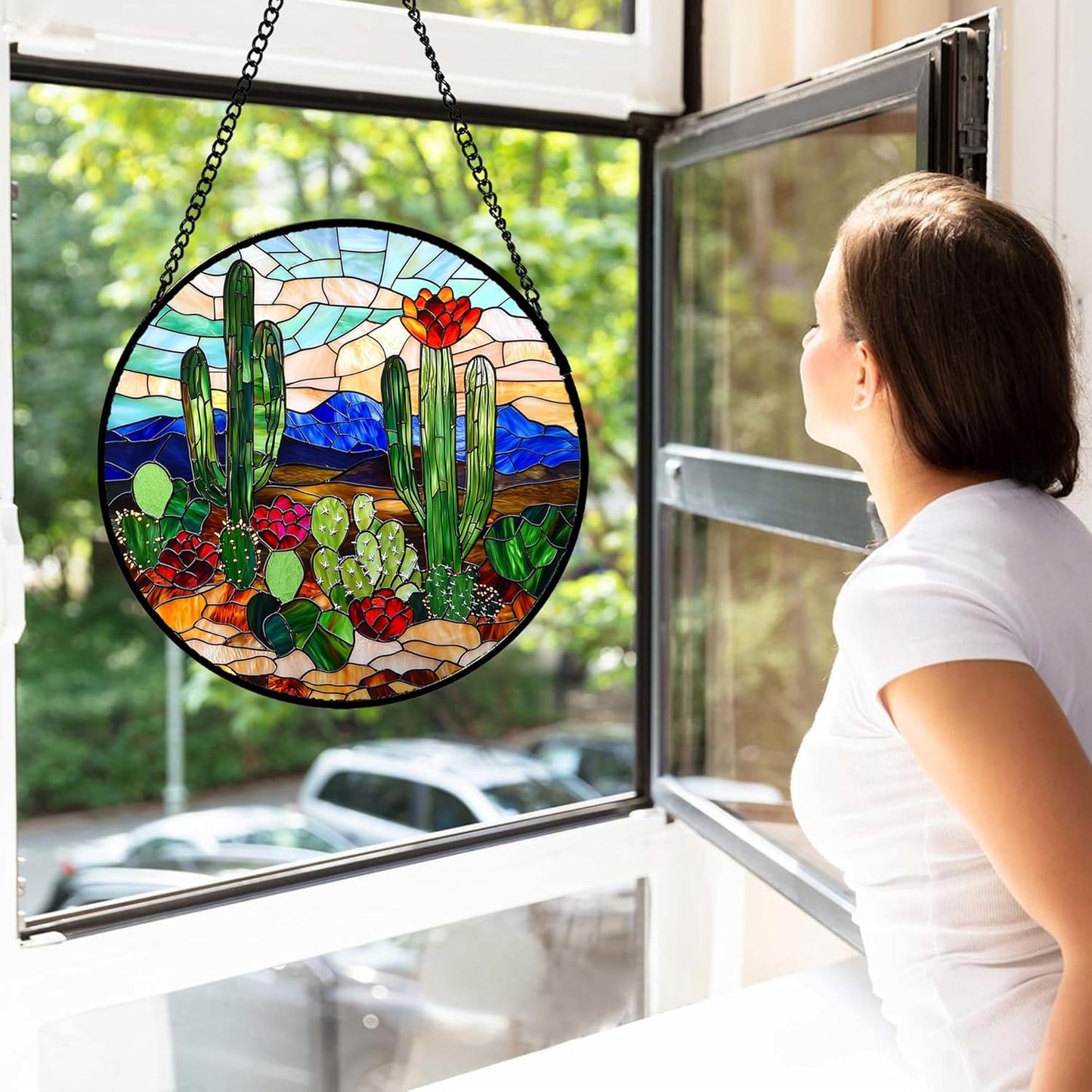 Stained Glass Window Hanging, Green Cactus Suncatcher for Doors Window Home Plant Landscape Sun Catchers Decoration Mother's Day Birthday Gifts for Women, Men, and Mom 7.8 in