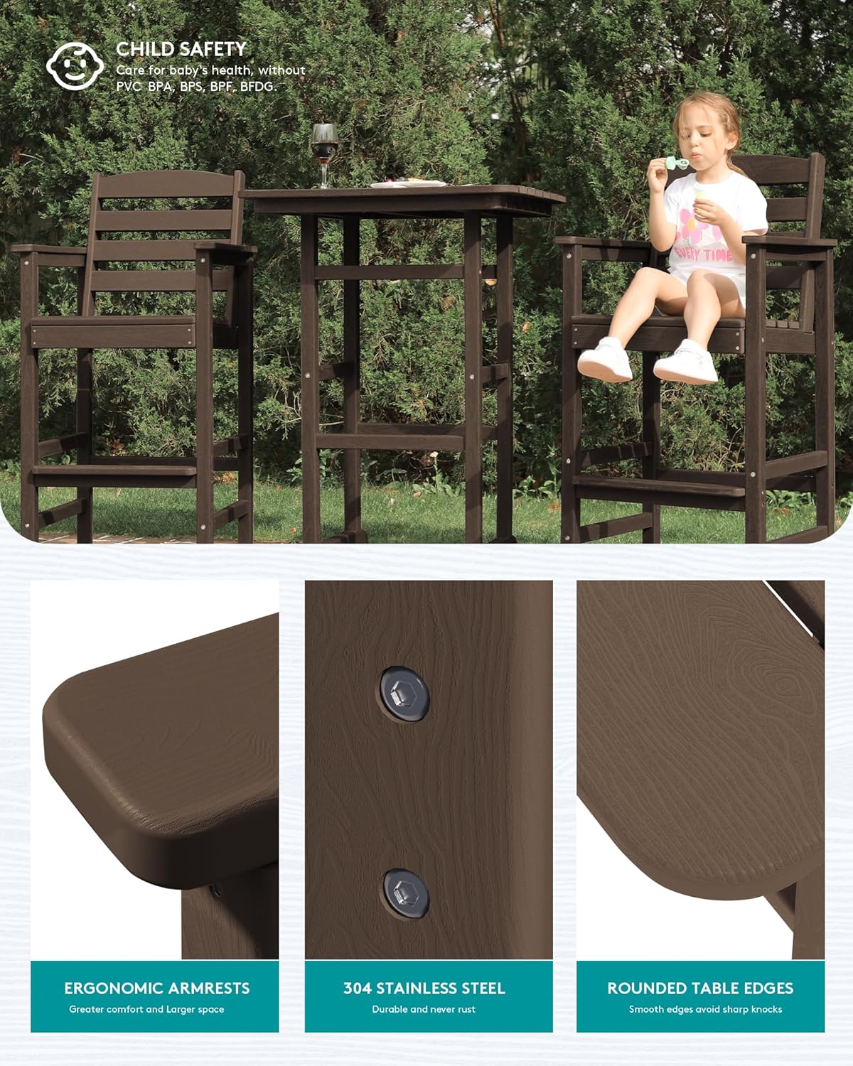 SERWALL HDPE Outdoor Patio Bar Set, Tall Adirondack Bar Chair and Table Set (Coffee, 3 pcs)